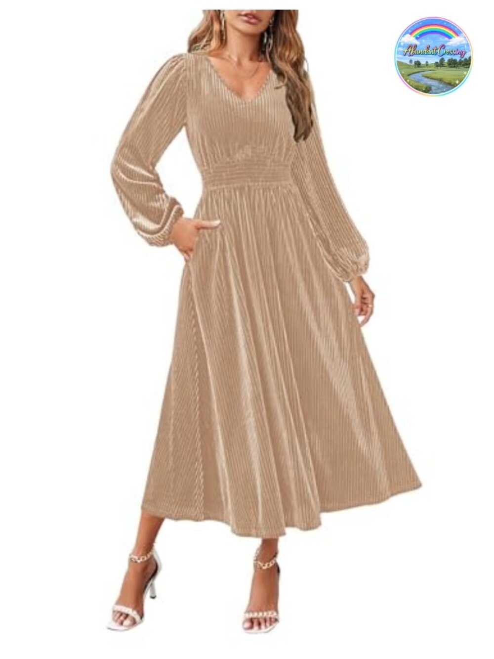 Velvet Midi Dress Long Sleeve V Neck Smocked Waist A-Line Wedding Guest Cocktail